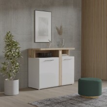 Kommode >TULUZA< in Weiss Glanz / Artisan Eiche Dekor - 103,5x85,9x43,4cm (BxHxT)