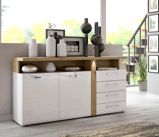 Sideboard >TULUZA< in Weiss Glanz  / Artisan Eiche Dekor - 163,2x85,9x43,4cm (BxHxT)