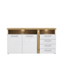 Sideboard >TULUZA< in Weiss Glanz  / Artisan Eiche Dekor - 163,2x85,9x43,4cm (BxHxT)