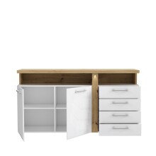 Sideboard >TULUZA< in Weiss Glanz  / Artisan Eiche Dekor - 163,2x85,9x43,4cm (BxHxT)