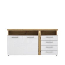 Sideboard >TULUZA< in Weiss Glanz  / Artisan Eiche Dekor - 163,2x85,9x43,4cm (BxHxT)