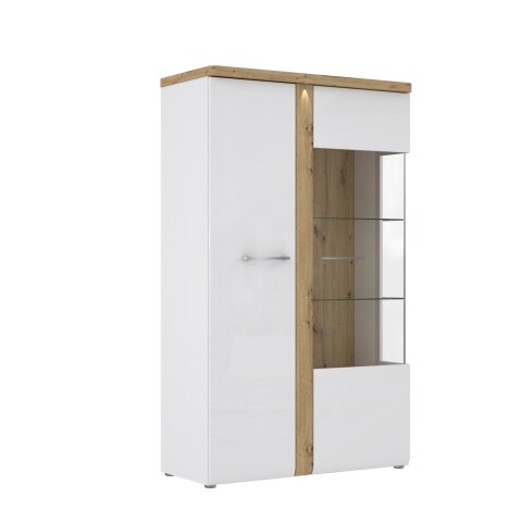 Standvitrine >TULUZA< inkl. Beleuchtung in Weiss Glanz/ Artisan Eiche Dekor - 98,5x164x43,4cm (BxHxT)