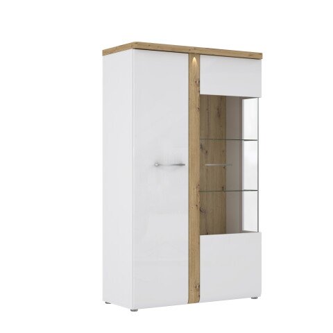 Standvitrine >TULUZA< inkl. Beleuchtung in Weiss Glanz/ Artisan Eiche Dekor - 98,5x164x43,4cm (BxHxT)