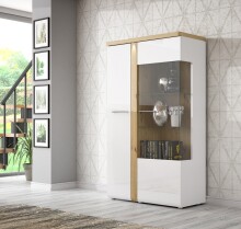Standvitrine >TULUZA< inkl. Beleuchtung in Weiss Glanz/ Artisan Eiche Dekor - 98,5x164x43,4cm (BxHxT)