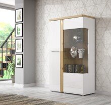 Standvitrine >TULUZA< inkl. Beleuchtung in Weiss Glanz/ Artisan Eiche Dekor - 98,5x164x43,4cm (BxHxT)