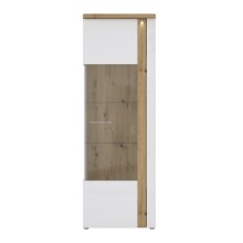 Standvitrine >TULUZA< inkl. Beleuchtung in Weiss Glanz / Artisan Eiche Dekor - 66,5x196x43,4cm (BxHxT)
