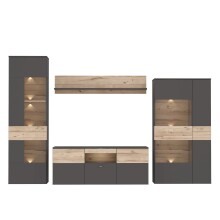 Wohnwand >COMO< in Uni Wolfram Grau / Planked Eiche Dekor inkl. Beleuchtung - 319,3x203,3x52cm (BxHxT)