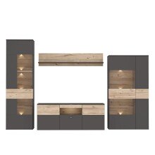 Wohnwand >COMO< in Uni Wolfram Grau / Planked Eiche Dekor inkl. Beleuchtung - 319,3x203,3x52cm (BxHxT)