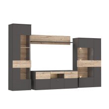 Wohnwand >COMO< in Uni Wolfram Grau / Planked Eiche Dekor inkl. Beleuchtung - 319,3x203,3x52cm (BxHxT)