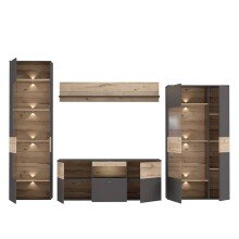 Wohnwand >COMO< in Uni Wolfram Grau / Planked Eiche Dekor inkl. Beleuchtung - 319,3x203,3x52cm (BxHxT)