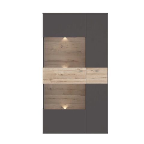 Vitrine >COMO< in Uni Wolfram Grau/ Planked Eiche Dekor inkl. Beleuchtung - 90,1x168,1x41,3cm (BxHxT)