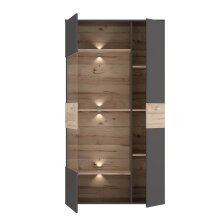 Vitrine >COMO< in Uni Wolfram Grau/ Planked Eiche Dekor inkl. Beleuchtung - 90,1x168,1x41,3cm (BxHxT)