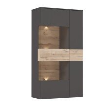 Vitrine >COMO< in Uni Wolfram Grau/ Planked Eiche Dekor inkl. Beleuchtung - 90,1x168,1x41,3cm (BxHxT)