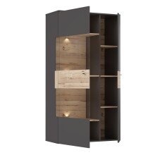 Vitrine >COMO< in Uni Wolfram Grau/ Planked Eiche Dekor inkl. Beleuchtung - 90,1x168,1x41,3cm (BxHxT)