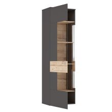 Vitrine >COMO< in Uni Wolfram Grau / Planked Eiche Dekor inkl. Beleuchtung - 60,4x203,3x41,3cm (BxHxT)