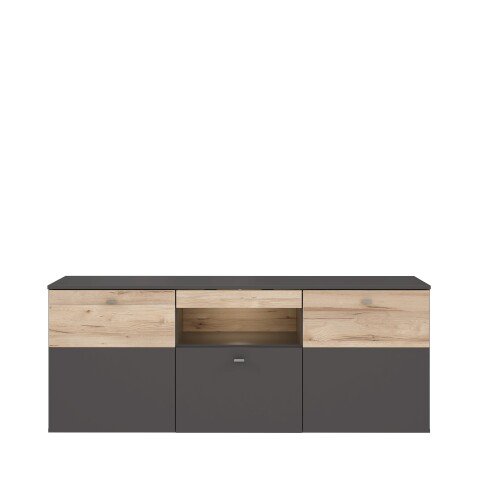 Lowboard >COMO< in Grau / Planked Eiche Dekor mit 2 Türen - 149,8x59,3x52 (BxHxT)