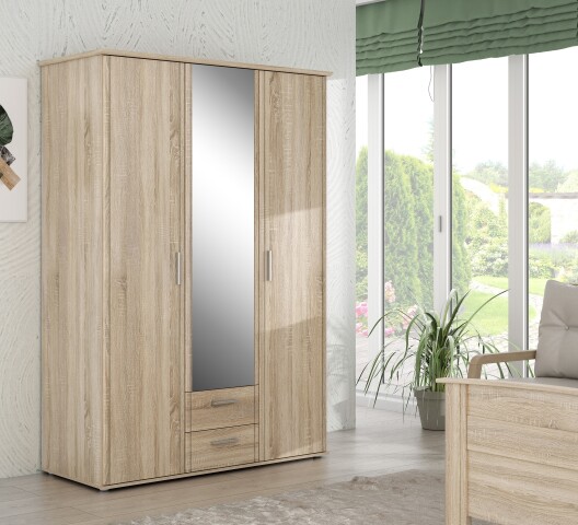 Drehtürenschrank >GLORIA< in Sonoma Eiche Dekor / Spiegel, 3 Türen - 139,2x200,8x59,6cm (BxHxT)