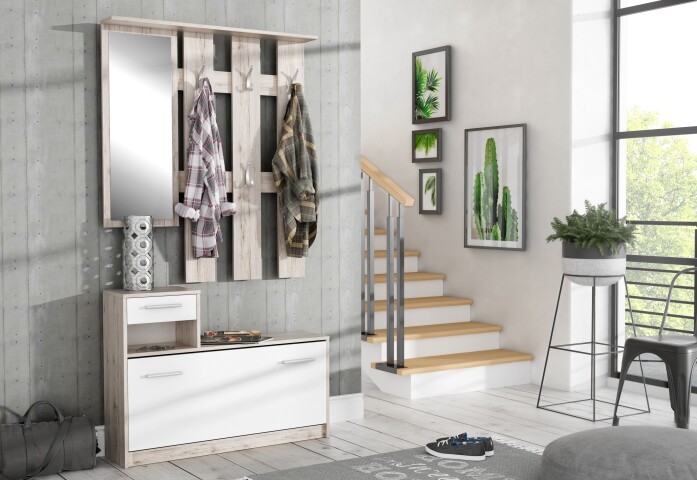 Garderoben-Set >Foxi< (2-teilig) in Weiss/Sandeiche Dekor - 97,5x180x25cm (BxHxT)