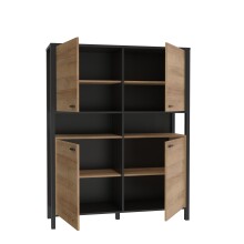 Highboard >HIGH ROCK< in Schwarz/ Riviera Eiche Dekor, 4 Türen - 121,3x152,3x40,2cm (BxHxT)