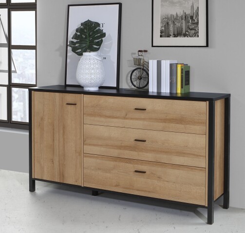 Sideboard >HIGH ROCK< in Schwarz/ Riviera Eiche Dekor, 3 Schubladen, 1 Tür - 151,3x85,1x40,2cm (BxHxT)
