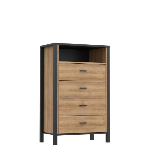 Hochkommode >HIGH ROCK< in Schwarz / Riviera Eiche Dekor, 4 Schubladen - 69,8x110,7x40,2cm (BxHxT)