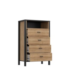 Hochkommode >HIGH ROCK< in Schwarz / Riviera Eiche Dekor, 4 Schubladen - 69,8x110,7x40,2cm (BxHxT)