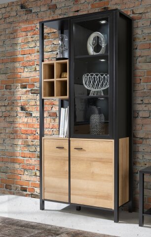 Vitrine >HIGH ROCK< in Schwarz  / Riviera Eiche Dekor - 86,3x193,9x40,2cm (BxHxT)
