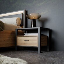 Nachtkommode >HIGH ROCK< in Schwarz  / Riviera Eiche Dekor, 1 Schublade - 54,8x48,7x40,2cm (BxHxT)