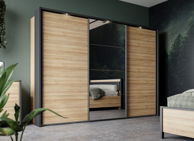 Schiebetürenschrank >HIGH ROCK< in Riviera Eiche Dekor mit Spiegel - 269,9x210,5x61,2cm (BxHxT)