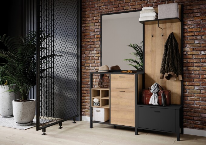 Kompaktgarderobe >HIGH ROCK< in Schwarz / Riviera Eiche Dekor - 144,5x200x40,2 (BxHxT)