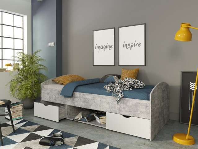 Stauraumbett >LUPO< Liegefläche 90x200cm in Betonoptik Lichtgrau/ Weiß - 96x65x203,6cm (BxHxT)