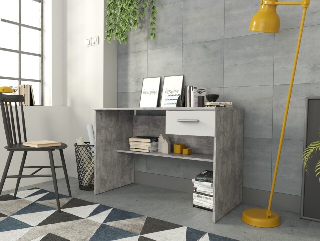 Schreibtisch >LUPO< mit Schublade in Weiss/Betonoptik Lichtgrau  - 110x72,3x52cm (BxHxT)