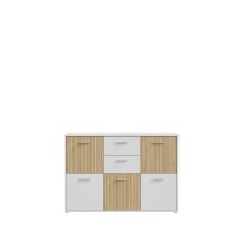 Sideboard >QUADRO 2< mit 5 Türen und 2 Schubladen, in Weiss / Lamela Eiche Dekor - 138,2x95,1x40cm (BxHxT)