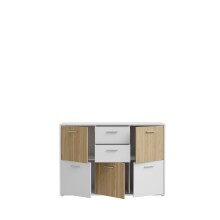 Sideboard >QUADRO 2< mit 5 Türen und 2 Schubladen, in Weiss / Lamela Eiche Dekor - 138,2x95,1x40cm (BxHxT)