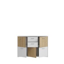 Sideboard >QUADRO 2< mit 5 Türen und 2 Schubladen, in Weiss / Lamela Eiche Dekor - 138,2x95,1x40cm (BxHxT)