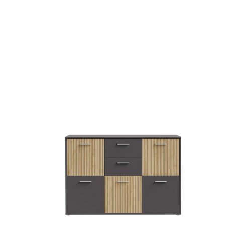 Sideboard >QUADRO 2< mit 5 Türen und 2 Schubladen, in grau / Lamela Eiche hell - 138,2x95,1x40cm (B/H/T)