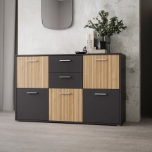 Sideboard >QUADRO 2< mit 5 Türen und 2 Schubladen, in grau / Lamela Eiche hell - 138,2x95,1x40cm (B/H/T)