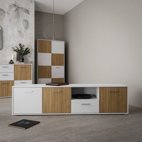 TV-Lowboard >QUADRO 2< mit 3 Türen und Schublade, in Weiss / Lamela Eiche Dekor - 182,9x50,3x40cm (BxHxT)