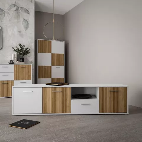 TV-Lowboard >QUADRO 2< mit 3 Türen und Schublade, in Weiss / Lamela Eiche Dekor - 182,9x50,3x40cm (BxHxT)