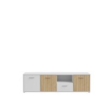 TV-Lowboard >QUADRO 2< mit 3 Türen und Schublade, in Weiss / Lamela Eiche Dekor - 182,9x50,3x40cm (BxHxT)