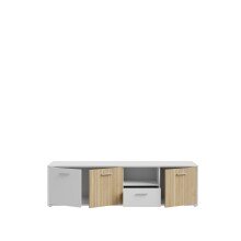 TV-Lowboard >QUADRO 2< mit 3 Türen und Schublade, in Weiss / Lamela Eiche Dekor - 182,9x50,3x40cm (BxHxT)