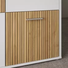 TV-Lowboard >QUADRO 2< mit 3 Türen und Schublade, in Weiss / Lamela Eiche Dekor - 182,9x50,3x40cm (BxHxT)