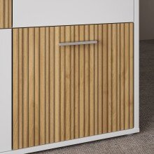 TV-Lowboard >QUADRO 2< mit 3 Türen und Schublade, in Weiss / Lamela Eiche Dekor - 182,9x50,3x40cm (BxHxT)
