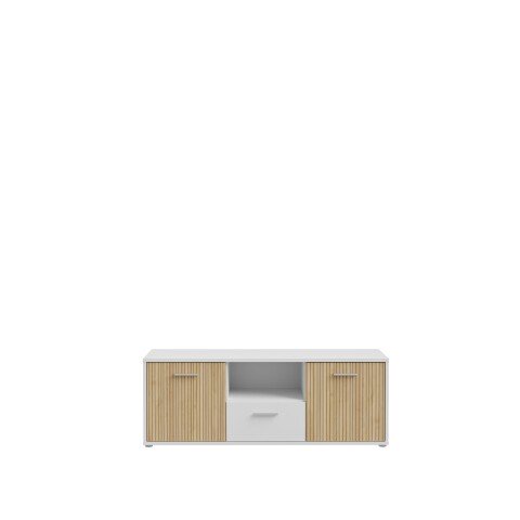 TV-Lowboard >QUADRO 2< mit 2 Türen und Schublade, in Weiss / Lamela Eiche Dekor - 138,2x50,3x40cm (BxHxT)