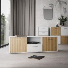 TV-Lowboard >QUADRO 2< mit 2 Türen und Schublade, in Weiss / Lamela Eiche Dekor - 138,2x50,3x40cm (BxHxT)