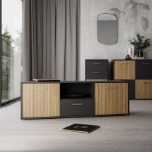 TV-Lowboard >QUADRO 2< mit 2 Türen und Schublade, in grau / Lamela Eiche Dekor - 138,2x50,3x40cm (B/H/T)