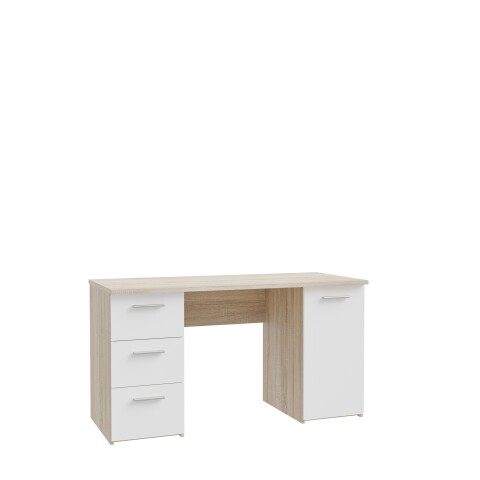 Schreibtisch >NET307< mit 3 Schubladen und Tür, in Weiss/ Sonoma Eiche Dekor - 138,2x75,3x60cm (BxHxT)