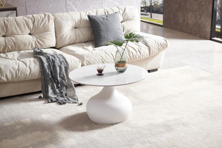 Couchtisch >2303-Groß< "rund" in Keramik weiß, Metallgestell - 41x70cm (HxD)
