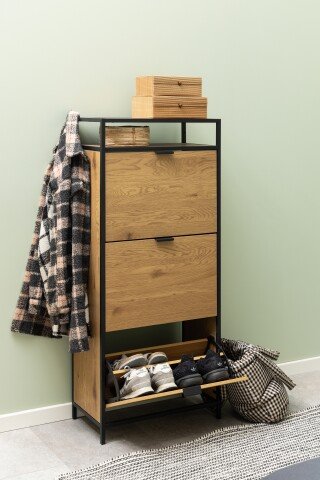 Schuhkipper >Seaford< in Wildeiche; schwarz, MDF, Stahl - 56x129x30cm (BxHxT)