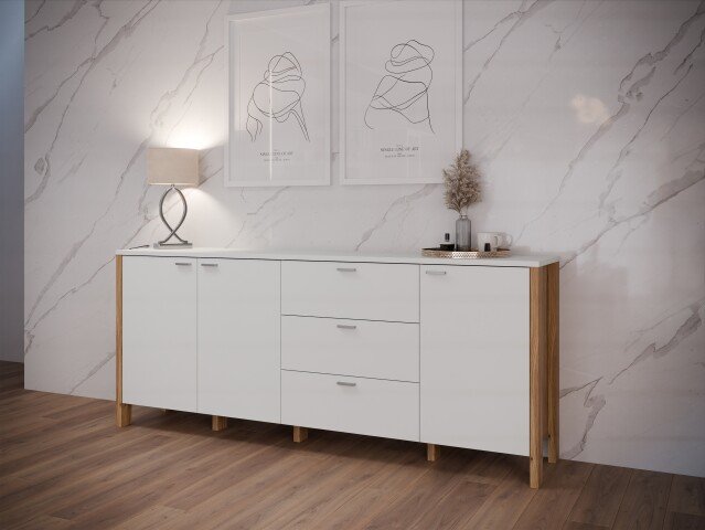 Sideboard >Saitama < 3 Türen, 3 Schubladen, in Mauvella Eiche Dekor / Secret grey - 206,1x86,5x41,6 (BxHxT)